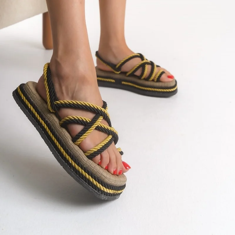 Sandale d’été à cordes modernes (ref-005) – Noir et jaune