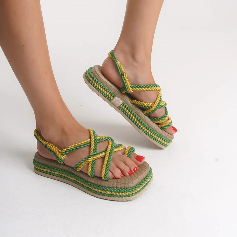 Sandale d’été à cordes modernes (ref-005) – Jaune et vert