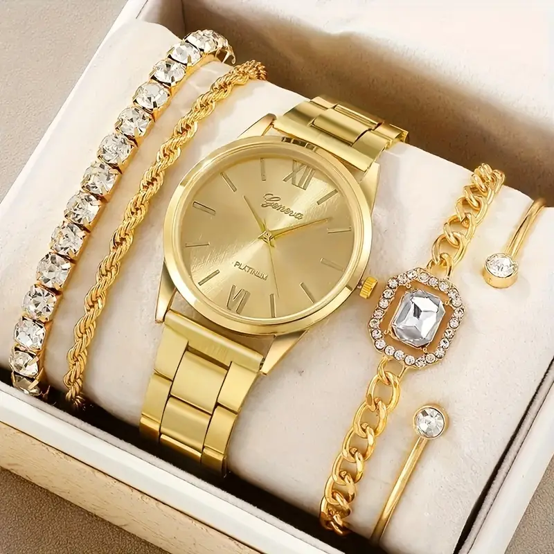 Montre femme luxe or quartz + 4 bracelets