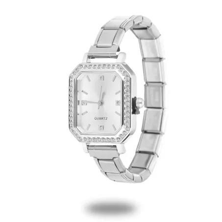 Silver rectangle watch with studds
