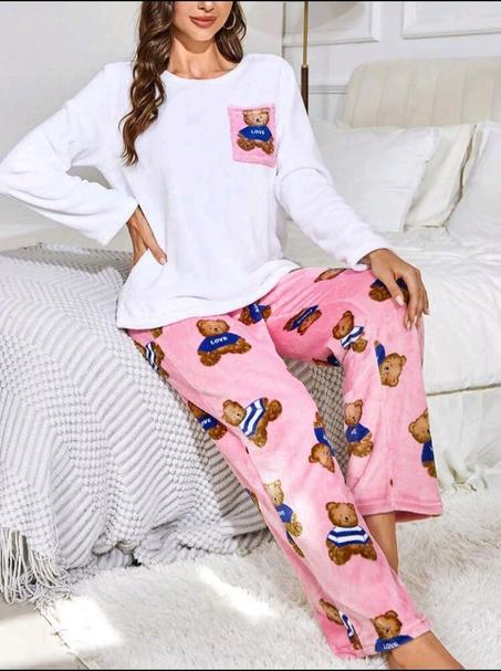 مجموعة بيجامات نسائية طويلة فاخرة بطبعة باندا قطعتان للخريف/الشتاء