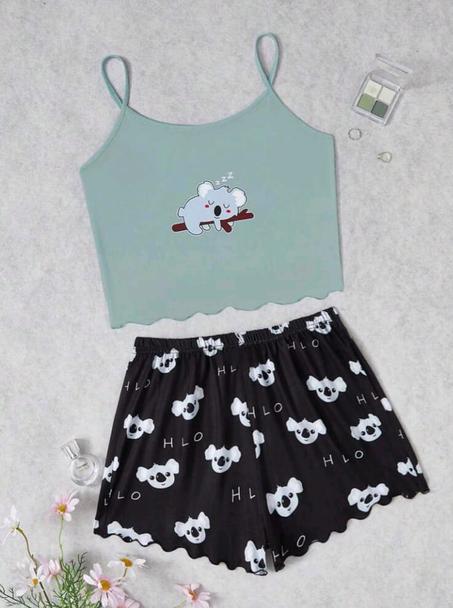 مجموعة بيجاما نسائية بفتلة وشورت بطباعة الكوالا