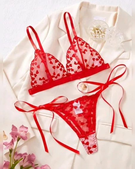 طقم لانجري نسائي مكوّن من قطعتين: حمالة صدر وسروال داخلي من التول المطرز بقلوب