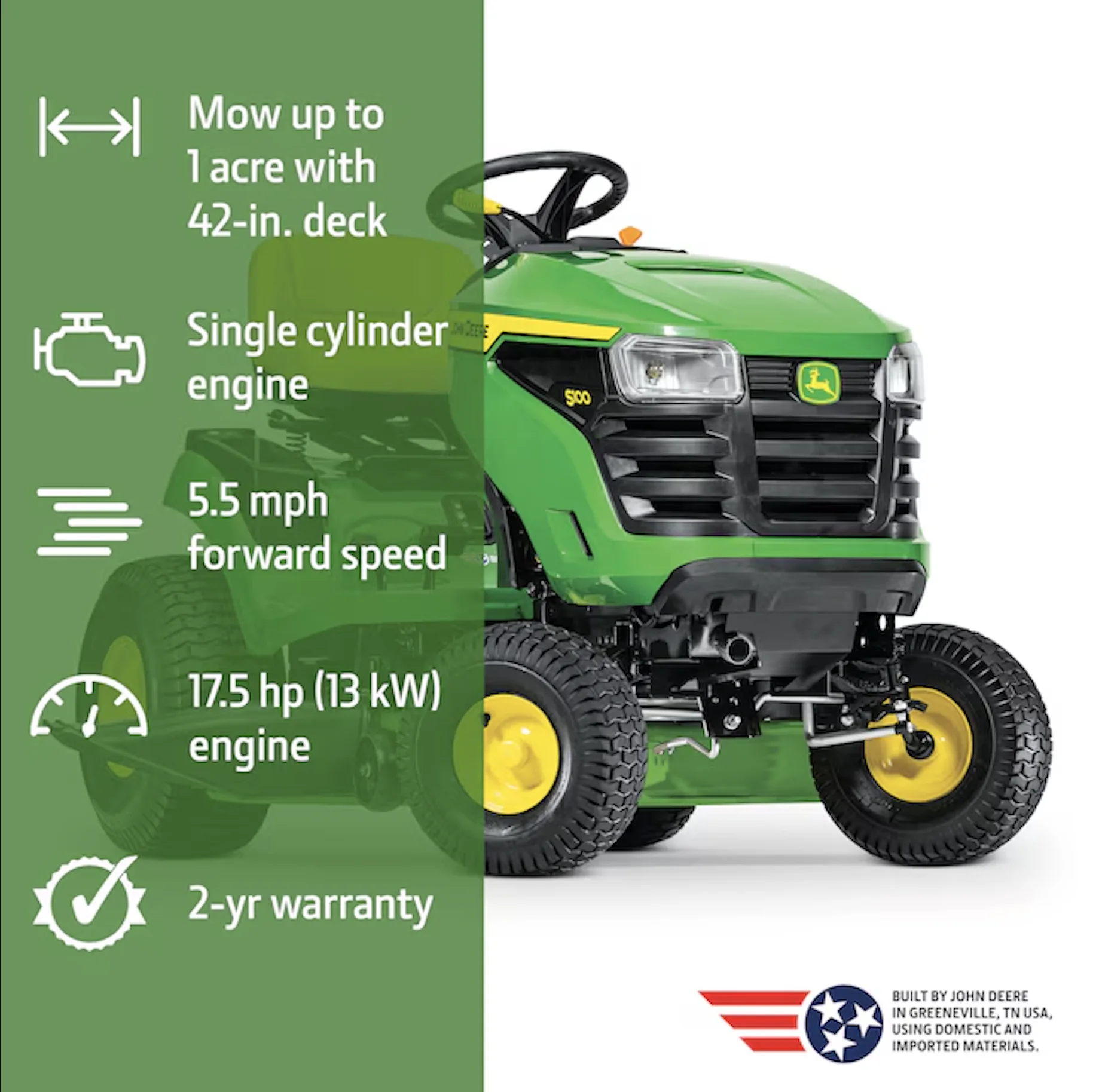 John Deere S100 Lawn Tractor – 17.5 HP Riding Lawn Tractor with 42-in Edge™ Mower Deck
