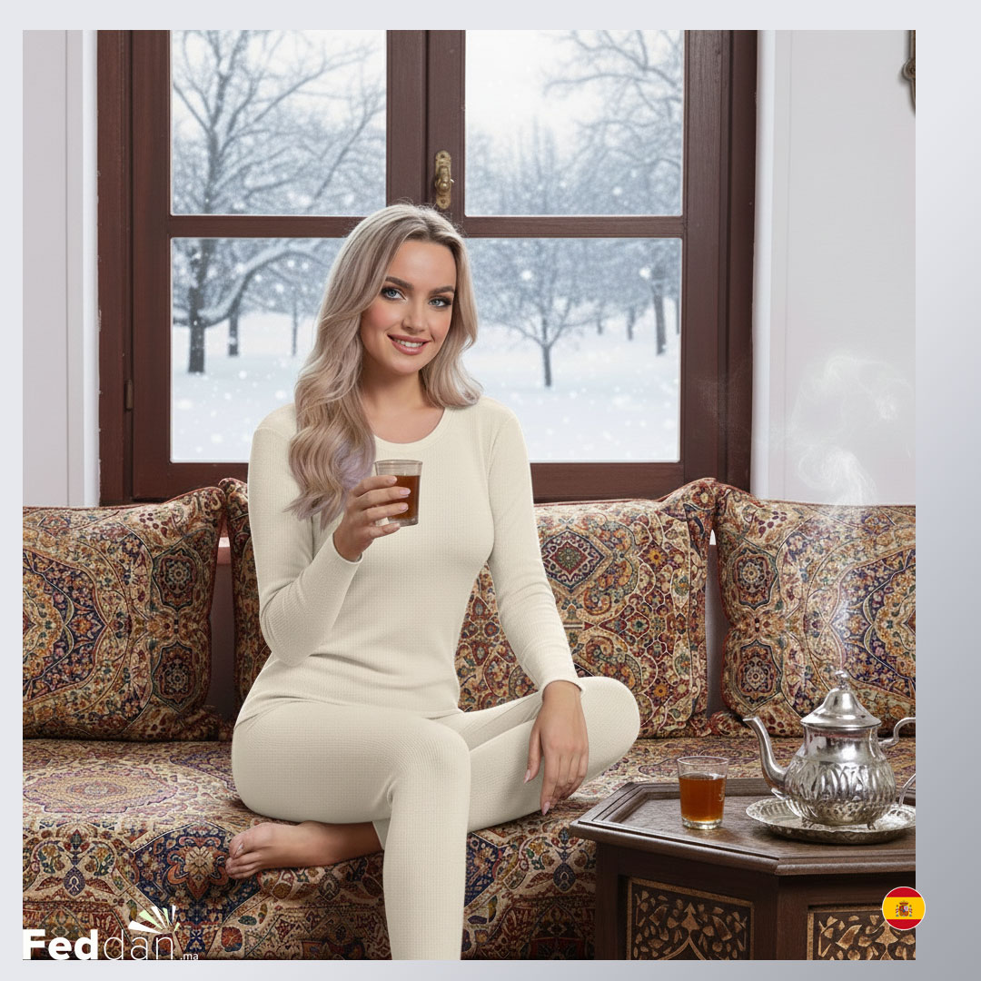 طقم أنسومبل ملابس حرارية للنساء - سروال و قميص طويل - 100% قطن