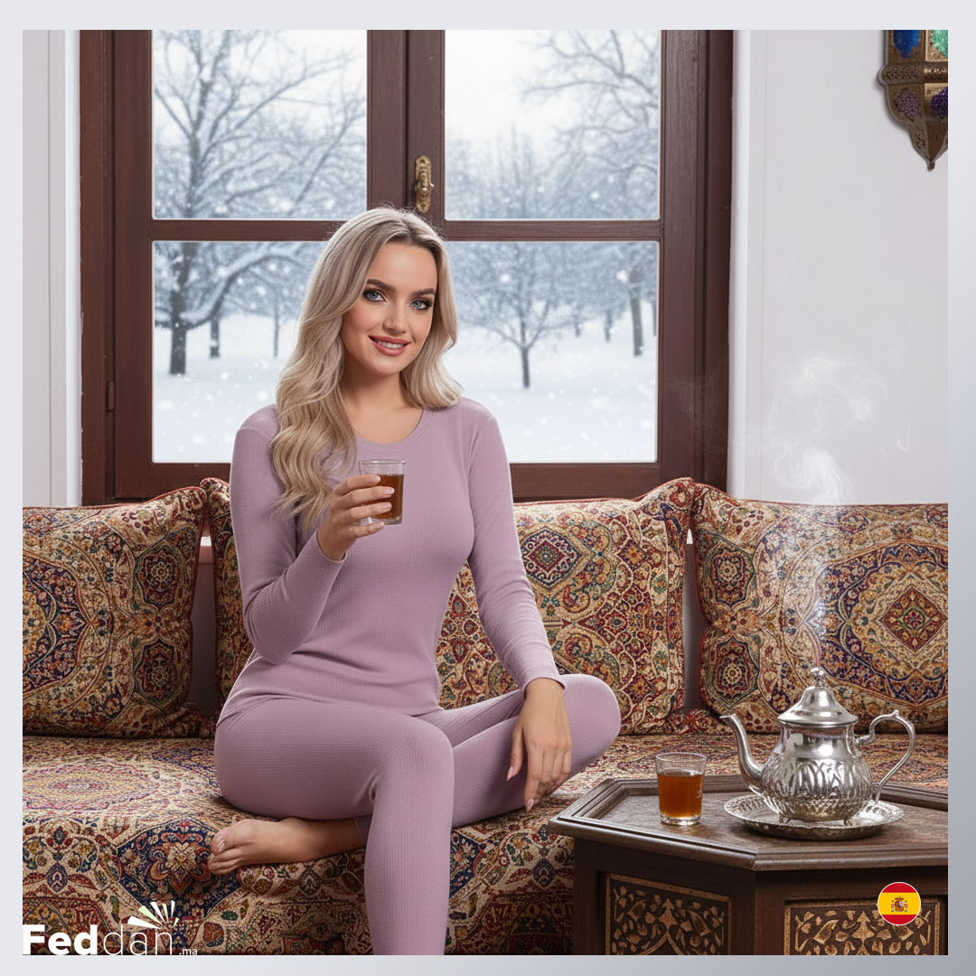 طقم أنسومبل ملابس حرارية للنساء - سروال و قميص طويل - 100% قطن