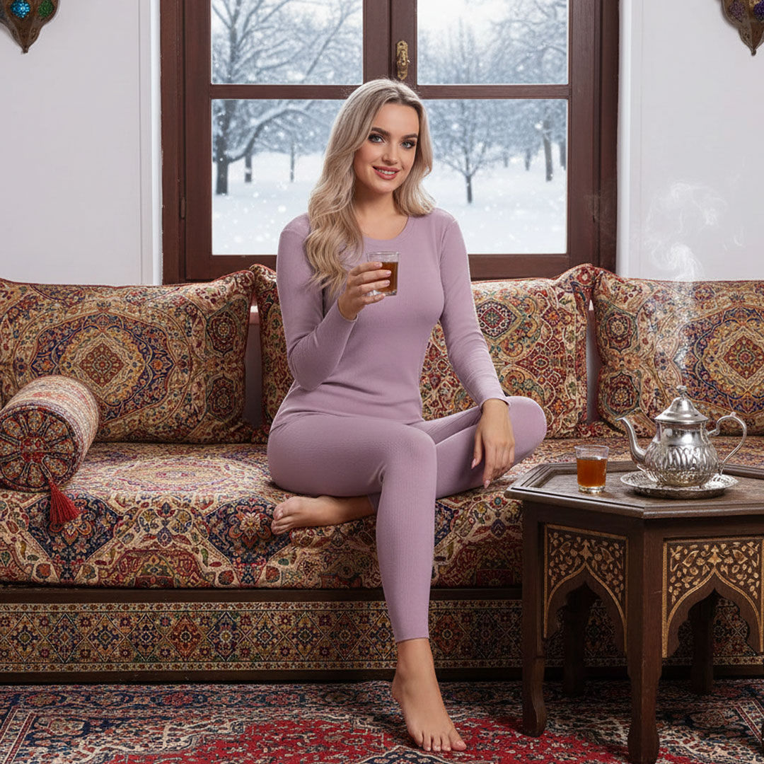 طقم أنسومبل ملابس حرارية للنساء - سروال و قميص طويل - 100% قطن
