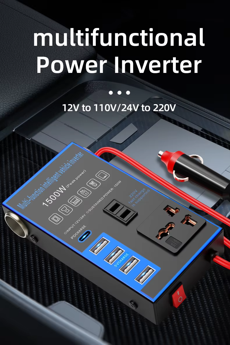 Convertisseur multifonction 12V24VDC pour voiture Prise USB AC220V Charge rapide Onduleur pour voiture
