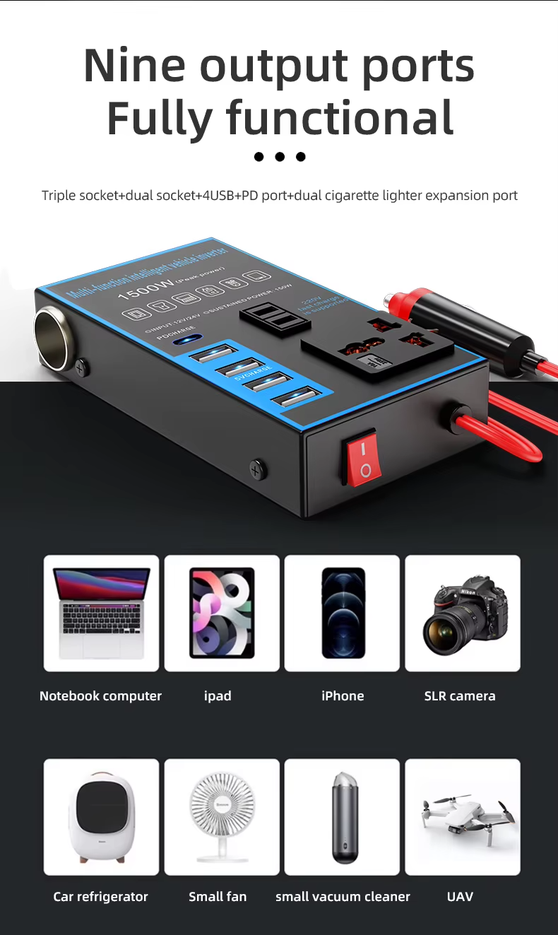 Convertisseur multifonction 12V24VDC pour voiture Prise USB AC220V Charge rapide Onduleur pour voiture