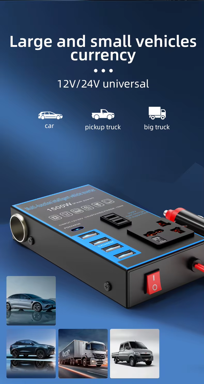 Convertisseur multifonction 12V24VDC pour voiture Prise USB AC220V Charge rapide Onduleur pour voiture