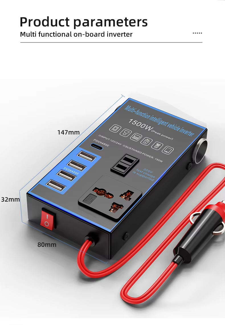 Convertisseur multifonction 12V24VDC pour voiture Prise USB AC220V Charge rapide Onduleur pour voiture