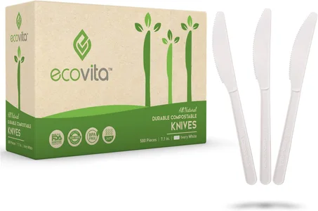 Ecovita Cuchillos 100% compostables – 500 utensilios desechables grandes (7 pulgadas) tamaño a granel, ecológico, duradero y resistente al calor, alternativa a los cuchillos de plástico con p