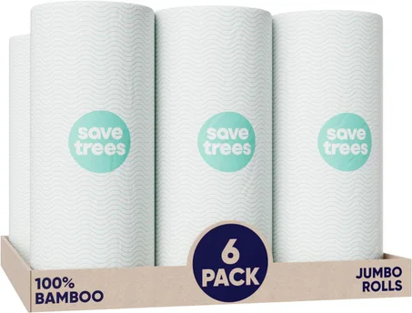 Save Trees Paquete de 6 toallas de papel de bambú, 750 hojas, ultra absorbentes y duraderas, ecológicas, con certificación FSC, totalmente libres de plástico y veganas