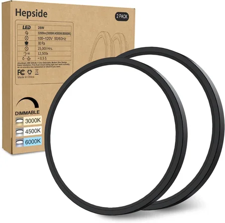 hepside - Lámpara de techo empotrada LED negra regulable 2 piezas, 12 pulgadas 28W, 3000K-4500K-6000K seleccionable 3200LM para cocina habitación pasillo porche, 3 unidades
