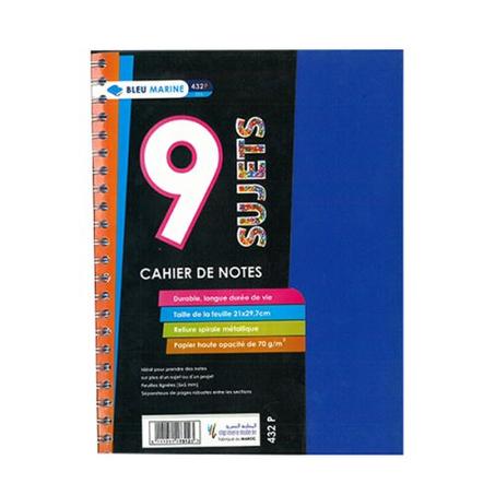 CAHIER DE 9 SUJETS 432P SPIRALE PETITS CARREAUX 70G GRAND FORMAT A4 BLEU MARINE