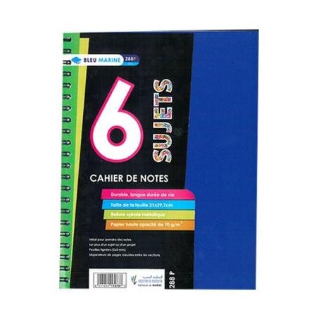 CAHIER DE 6 SUJETS 288P SPIRALE PETITS CARREAUX 70G GRAND FORMAT A4 BLEU MARINE