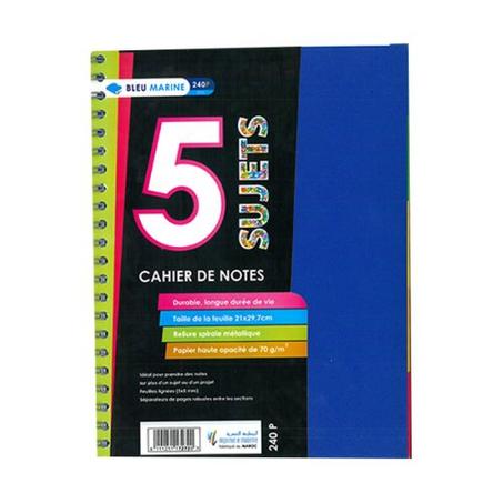 CAHIER DE 5 SUJETS 240P SPIRALE PETITS CARREAUX 70G GRAND FORMAT A4 BLEU MARINE
