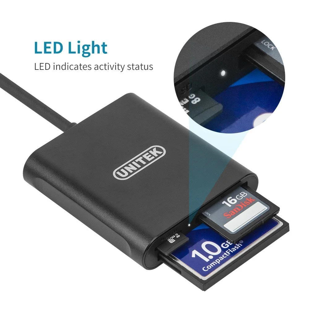 UNITEK® Aluminum USB 3.0 Multi-in-1 Memory Card Reader for CF, SD, TF Micro SD, MD, MMC, SDHC, SDXC for SanDisk & Lexar Professional Flash card, Black
