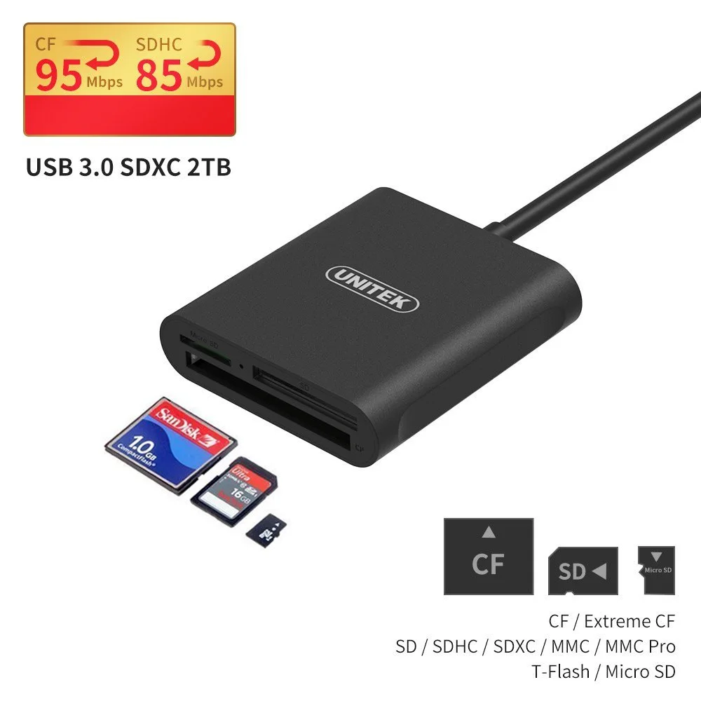 UNITEK® Aluminum USB 3.0 Multi-in-1 Memory Card Reader for CF, SD, TF Micro SD, MD, MMC, SDHC, SDXC for SanDisk & Lexar Professional Flash card, Black
