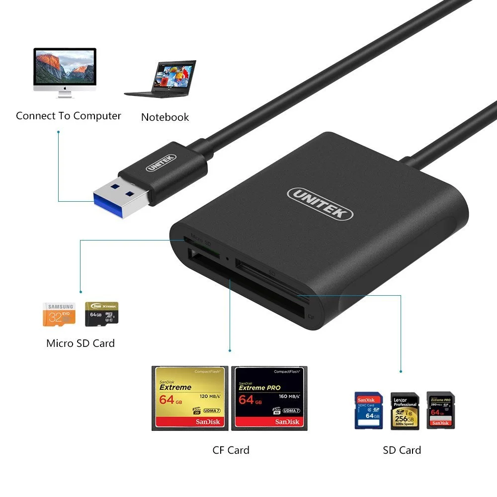 UNITEK® Aluminum USB 3.0 Multi-in-1 Memory Card Reader for CF, SD, TF Micro SD, MD, MMC, SDHC, SDXC for SanDisk & Lexar Professional Flash card, Black