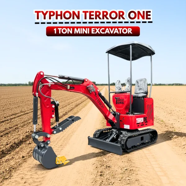 TYPHON TERROR ONE STORM 1 Ton Mini Excavator Trench Digger with Hydraulic Oil Cooler Canopy & Wide Bucket Ideal for Garden, Farm, Park & Road Work Digging, Drilling, Bull-Dozing