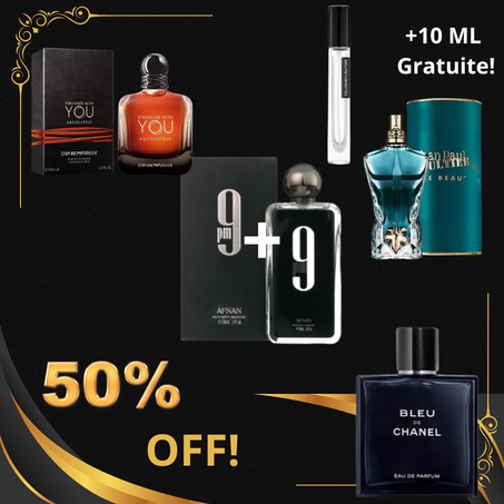 PACK 9 PM GRATUIT + 10 ML LE MALE PARFUM + 10 ML INTENSELY + 10 ML BLEU DE CHANEL