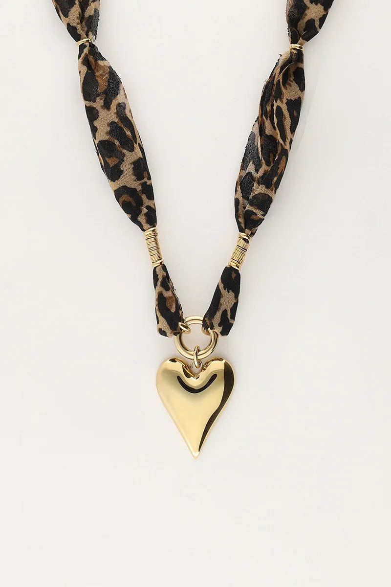 Leopard print cord necklace with statement heart