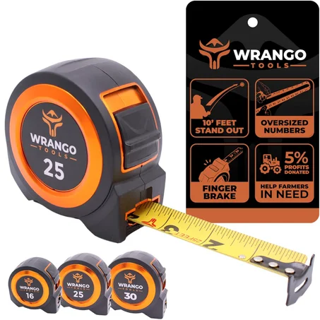 Cinta métrica Wrango Tools, 25 pies - Cinta de medición retráctil - Impresión sobredimensionada y de doble cara - Bloqueo de hoja, freno de dedo - Revestimiento de nylon de alto rendimiento, 