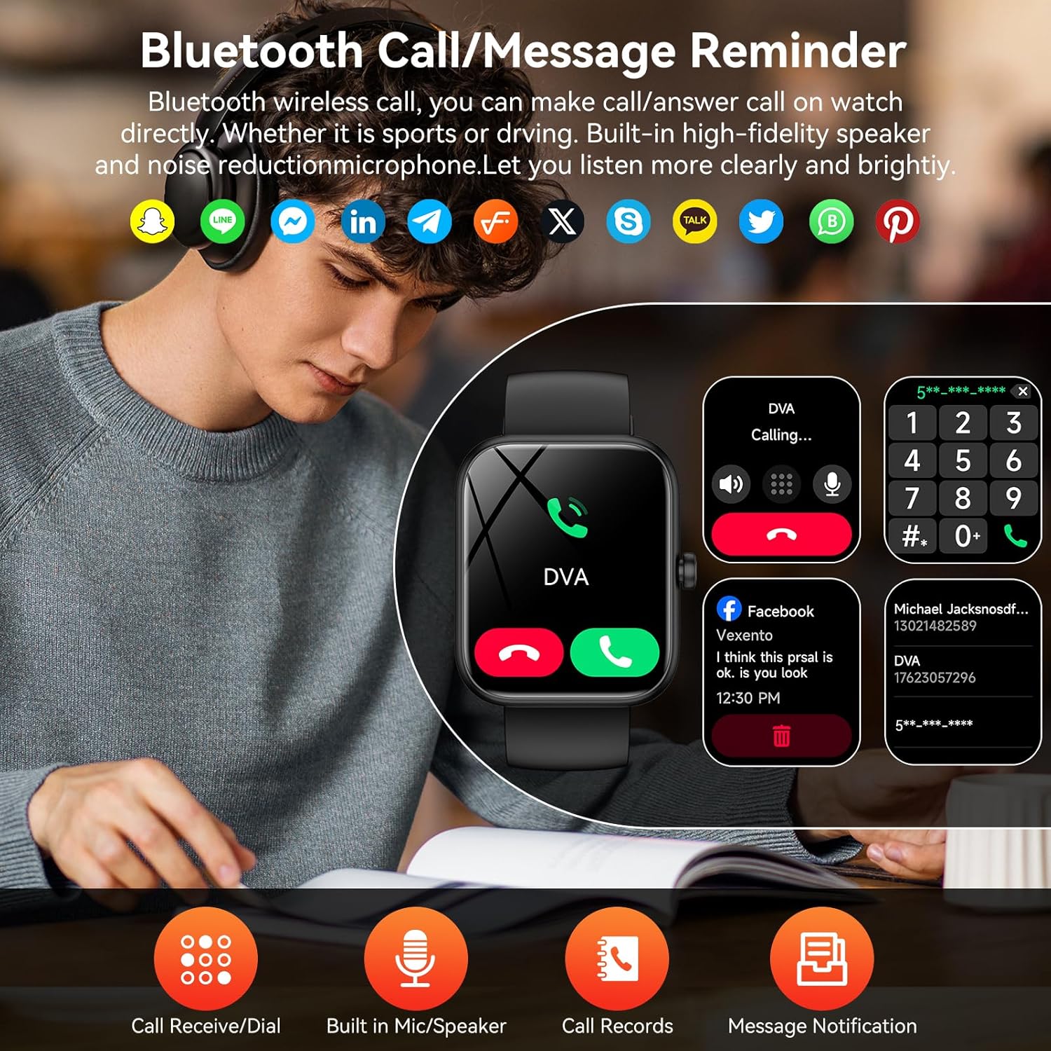 ساعة ذكية مع اليكسا مدمجة، تتبع اللياقة البدنية HD 1.8 انش مع مكالمات ورسائل بلوتوث، مقاومة للماء IP68، اكثر من 120 وضع رياضي، معدل ضربات القلب/النوم 24/7، متوافقة مع iOS/Android (اسود)