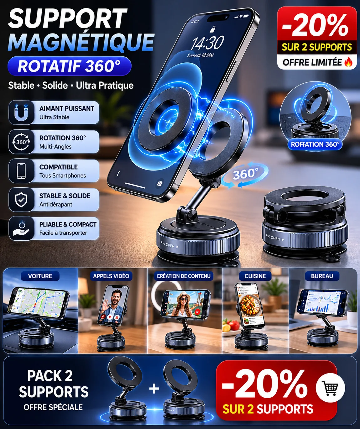 Support Téléphone Magnétique Rotatif 360°