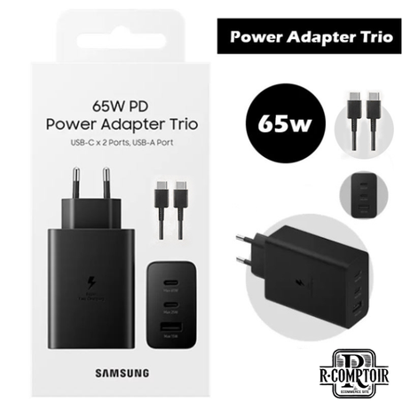 Samsung Adaptateur Secteur Trio 65W Noir USB-C*2 Ports , USB-A Port & Cable Type .