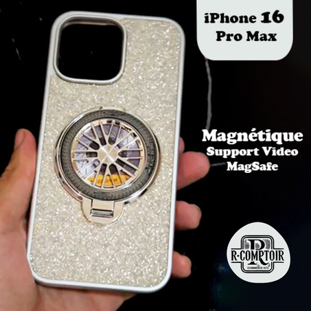 Coque iPhone  brillante Scintillant Magnétique Magsafe SuppoRt Vidéo Gyroscopique $ Gris