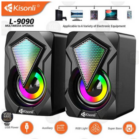 Haut-parleurs Kisonli, haut-parleurs de bureau filaires 2.0 avec cycle RVB lumières haut-parleur stéréo Aux-in 3,5 mm pour PC, ordinateur portable, téléphone portable, projecteur, moniteur, m