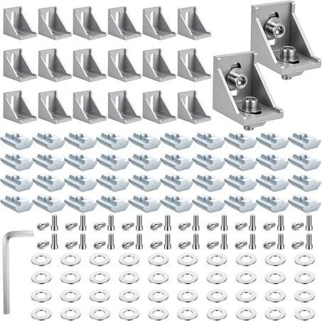 Juego de 20 conectores de extrusión de aluminio serie 4040, incluye 20 soportes de esquina, 40 tuercas de ranura en T M8, 1 llave para accesorios de perfil de aluminio industrial, color plate