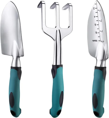 FANHAO Juego de herramientas de jardín, 3 piezas de herramientas de jardinería resistentes de aluminio fundido con mango antideslizante de goma suave, herramientas de mano de jardín duraderas