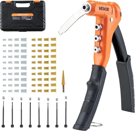VEVOR Kit de herramientas de tuerca de remache, kit de herramientas de remache con una sola mano de 9 pulgadas, con 8 mandriles, una broca escalonada y 80 tuercas, tamaño métrico y SAE M3, M4