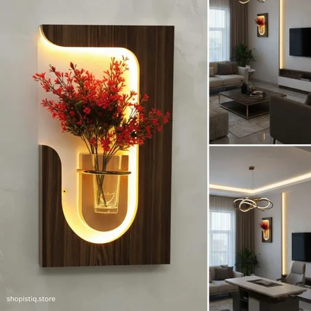 وحدة ديكور جدارية عصرية من خشب MDF مع إضاءة LED ومزهرية