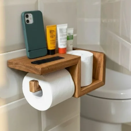 حامل ورق حمام، الخشبي الأنيق مع رف متعدد الاستخدامات .