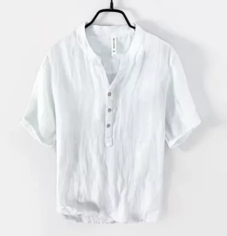 Men's Retro 100% Linen Leisure Solid Color Short-Sleeved Top, Raw Linen V-neck Slightly Wrinkled T-shirt, Original Ecology