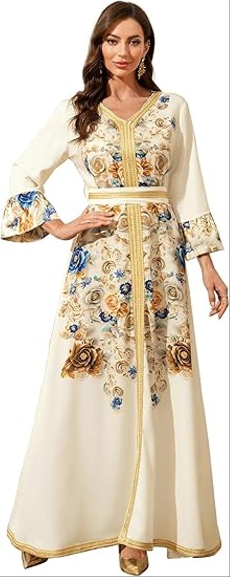 فستان قفطان مغربي أنيق بأكمام طويلة وقبة V وأطراف مطرزة باللون الذهبي