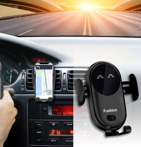 شاحن سريع لاسلكي للهواتف (ايفون وسامسونج) في السيارة مع حامل موبايل بمشبك تلقائي