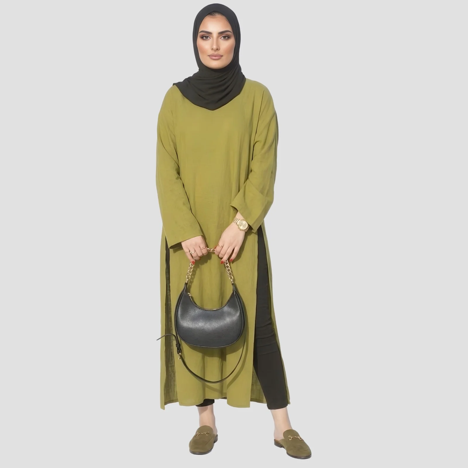 عباية "كاليستو" العصرية باللون الزيتي - قماش كريب فاخر