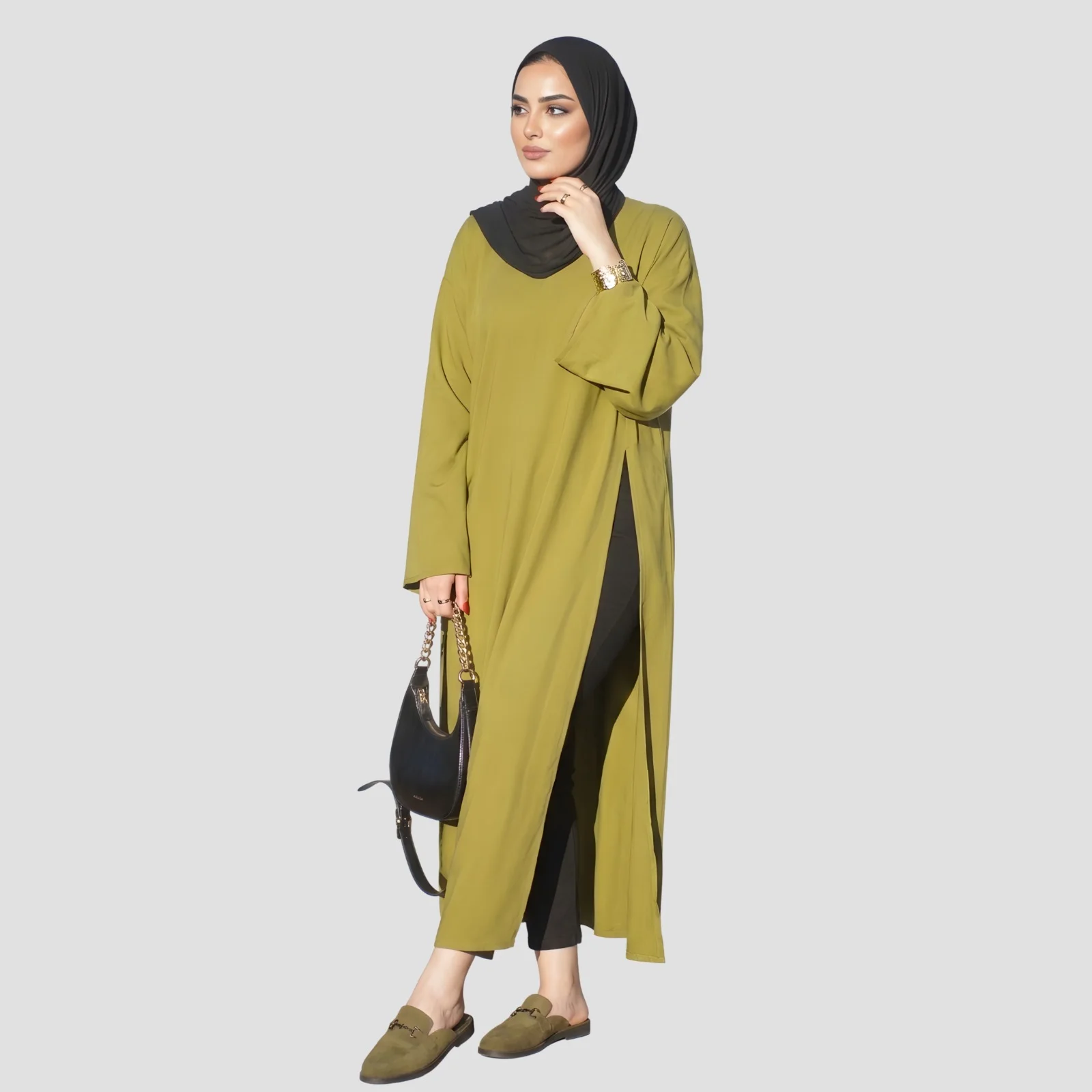 عباية "كاليستو" العصرية باللون الزيتي - قماش كريب فاخر