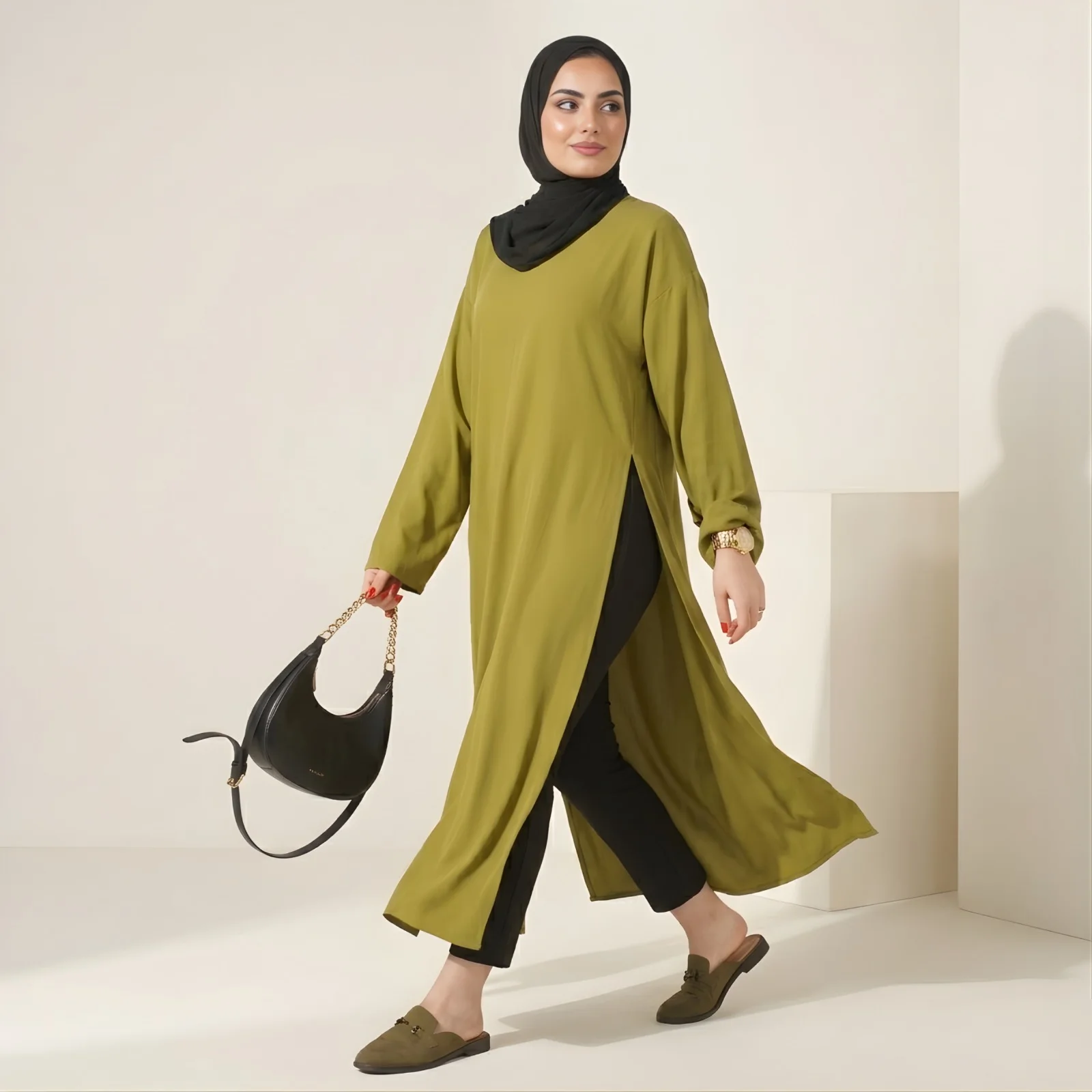 عباية "كاليستو" العصرية باللون الزيتي - قماش كريب فاخر