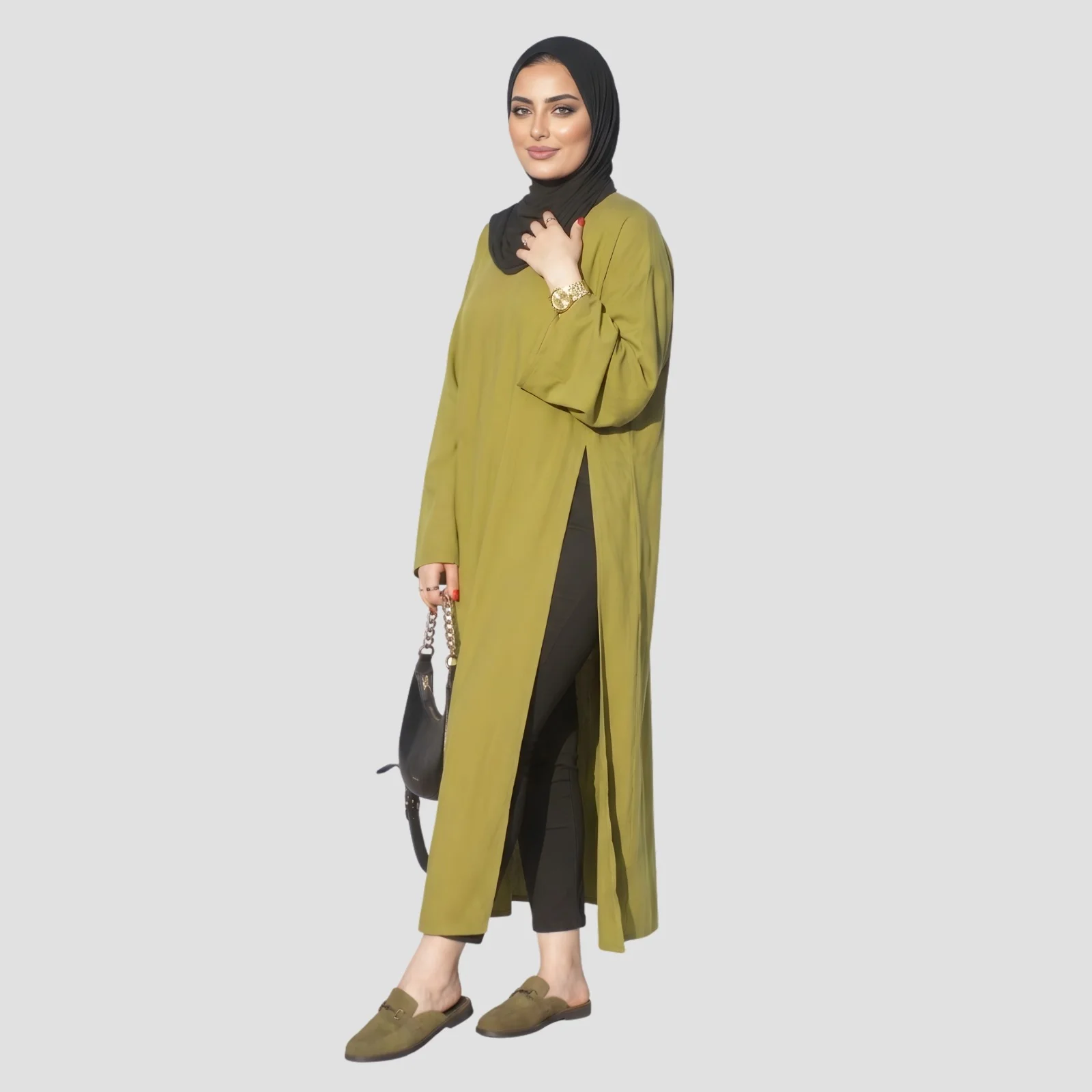 عباية "كاليستو" العصرية باللون الزيتي - قماش كريب فاخر