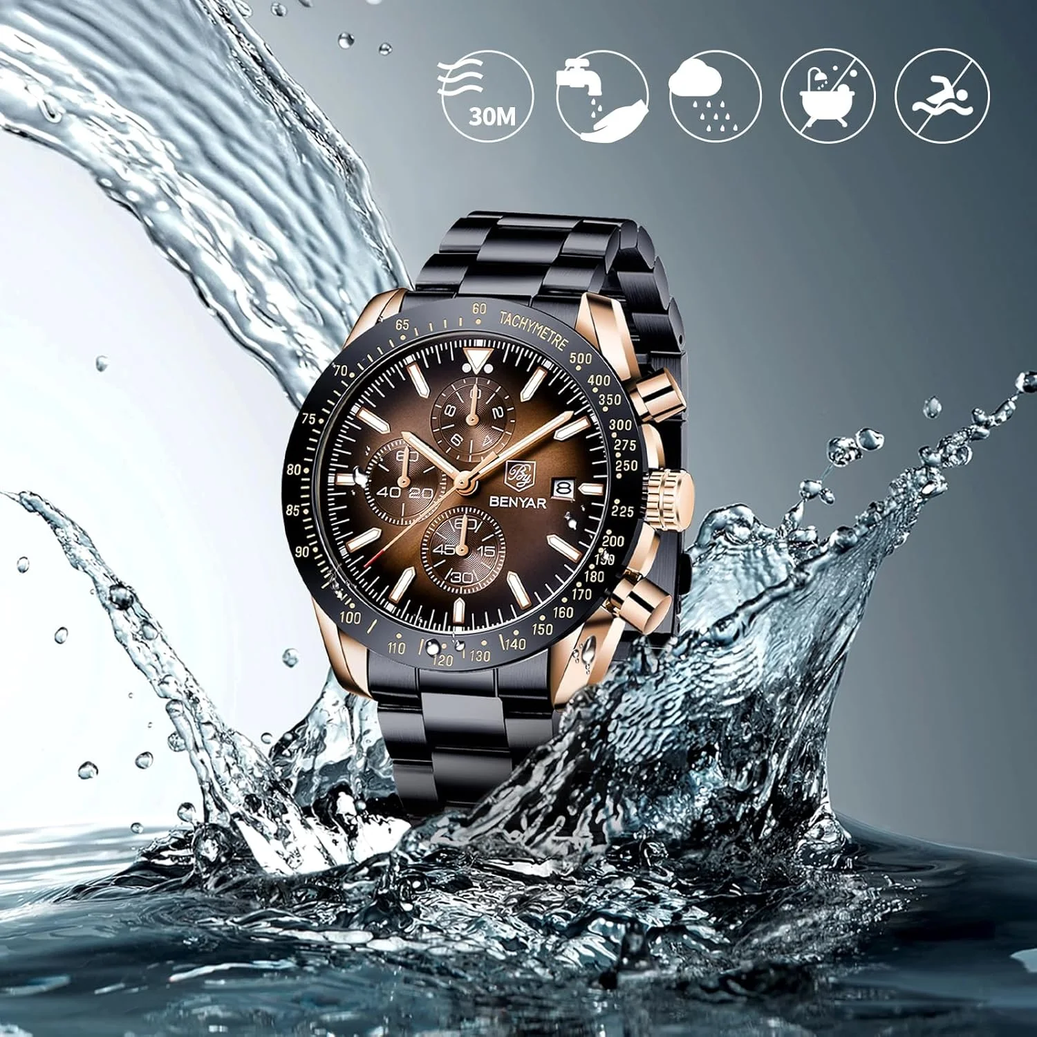 BENYAR Mens Watches Quartz Movement Chronograph Leather Strap Fashion