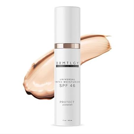DRMTLGY Crema hidratante teñida antienvejecimiento SPF 46 – Protector solar facial transparente y maquillaje ligero con protección UV de amplio espectro