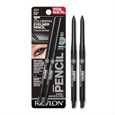 Revlon ColorStay Lápiz delineador de ojos impermeable, a prueba de manchas, maquillaje de ojos con sacapuntas integrado, 201 negro, paquete de 2