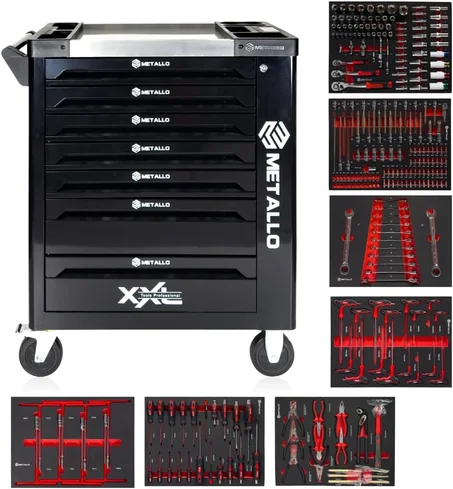 Metallo XXL - Carro de herramientas profesional con ruedas (7 cajones), color negro