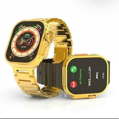 “ساعة ذكية ذهبية فخمة شاشة كبيرة، مكالمات وإشعارات